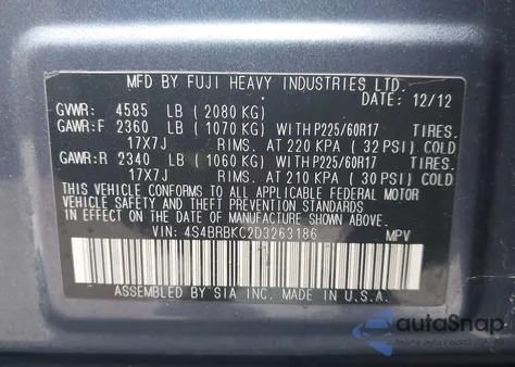 2013 Subaru Outback 2.5I Limited z USA, uszkodzony, nr VIN 4S4BRBKC2D3263186